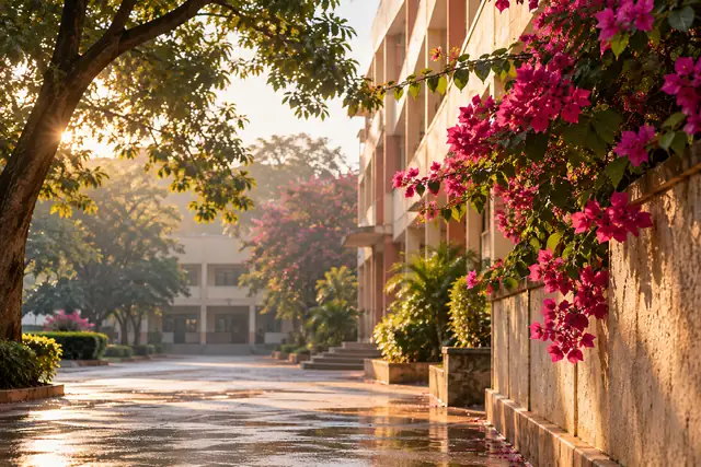 A Karnataka college campus walkway lined with bougainvillea in morning light