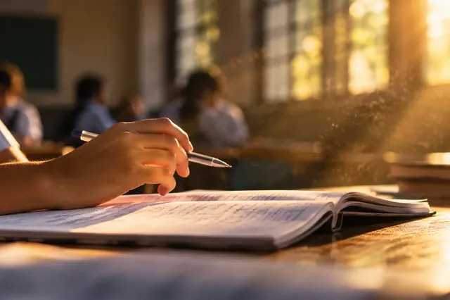 A student solving a practice paper in a sunlit classroom