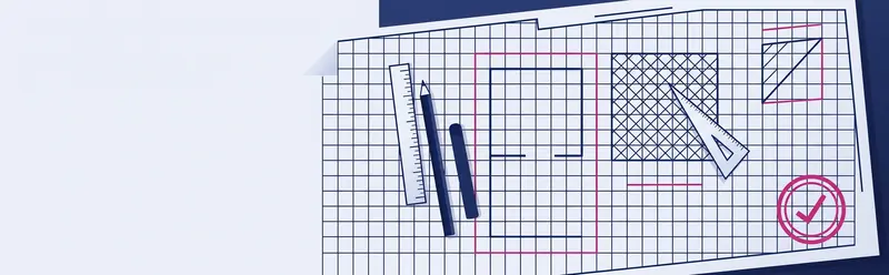 Illustration of graph paper, a protractor, set squares and a pencil