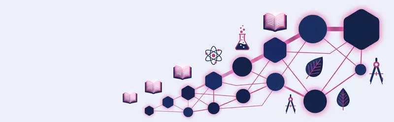 Illustration of a network linking mathematics, physics, chemistry and biology symbols