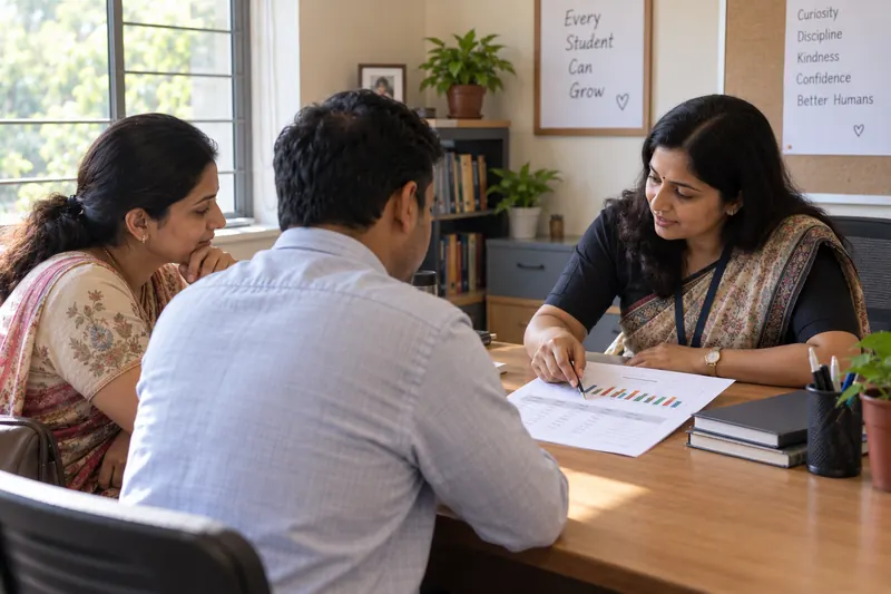 Parent-teacher review with a printed progress report