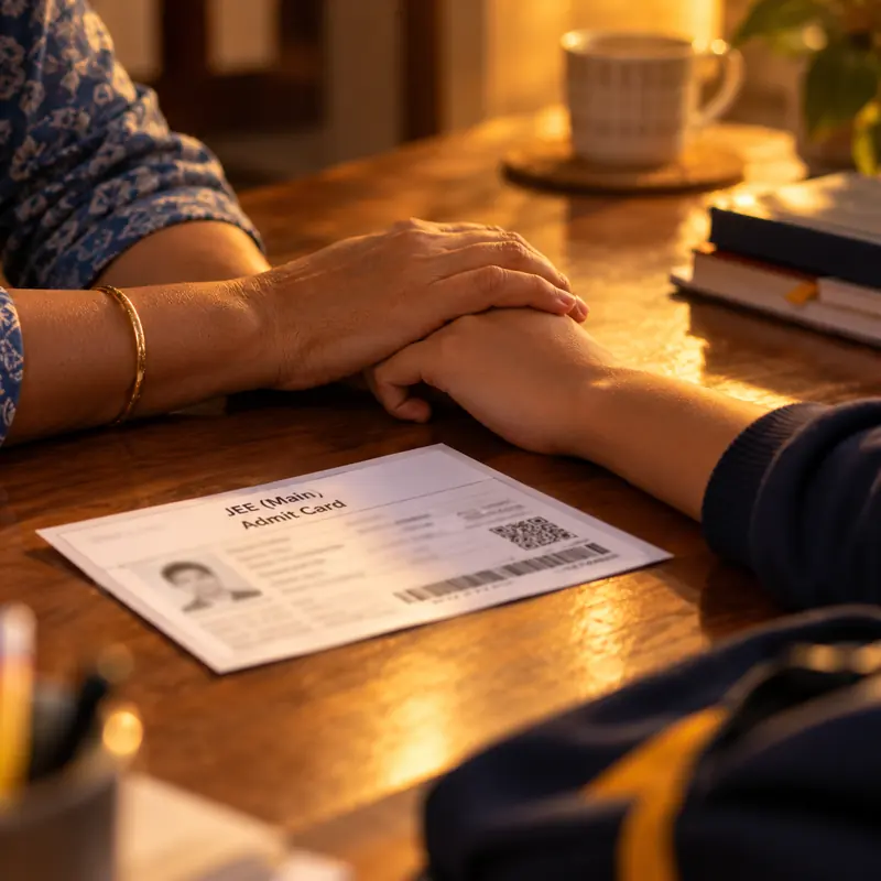 A parent reviewing a school report at a desk