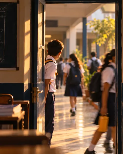 Students walking to class along a sunlit school corridor