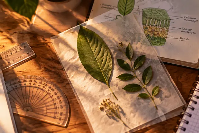 A study desk with notebooks, botany sketches and a geometry set